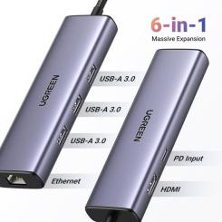 Концентратор Ugreen USB-C 6-in-1 3xUSB 3.0 + HDMI 4K@30Hz + RJ45 1000M Фото 2